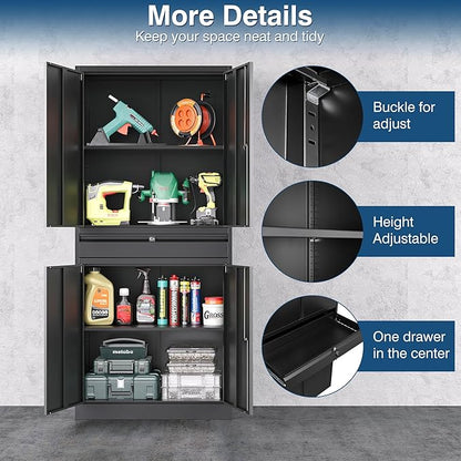Black Metal Storage Cabinet with Lock, 71" Tall Garage Storage Cabinets with Doors and Shelves, Lockable Tool Caninet Steel Locking Cabnets File Cabinet for Home Office, Garage, Pantry