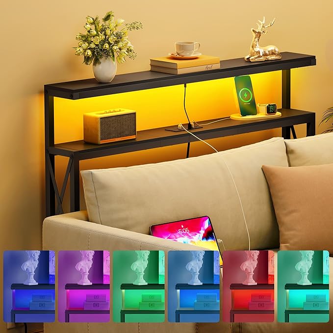 FAVOOSTY 46.8" Skinny Console Table with Charging Station and LED Light,5.9" Narrow Sofa Table with Power Outlets and Type C & USB Port, Behind Couch Table for Living Room, Hallway, EntryWay, Black