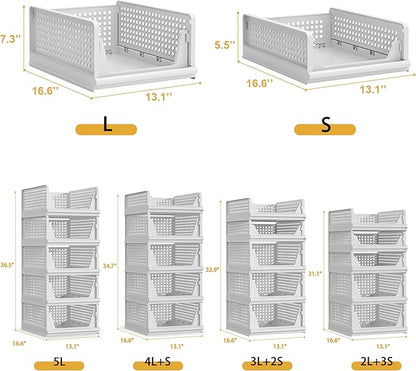 Proarea 5 Pack Stackable Plastic Storage Basket Closet Organizer Bin Foldable Clothes Organizer Storage Drawer Shelf Container for Living room Bathroom Kitchen Office (3L+2S), White, YG-3L2S