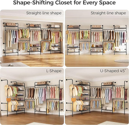 Closet Organizers and Storage, 5-Row Heavy Duty Clothes Rack for Hanging Clothes, Wall Mounted Closet System with 4 Telescopic Rods, 3 Fixed Rods, 6 Hooks, 8 Shelves for Wardrobe, Bedroom, Small Space