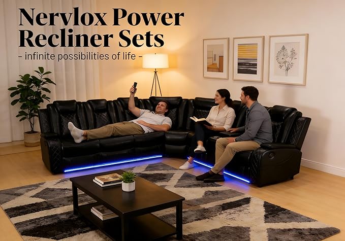 Power Sectional Sofa with LED, Power Recliner Sofa Couch Set for Living Room, Black Breathing Leather Sectional Couch, Loveseat and 2 Chair Sets with USB, Cup Holders, Storage for Home/Office