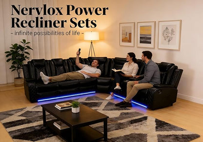 Black Power Sectional Recliner Sofa Set for Living Room, Power Recliner Sofa and Loveseat Sets, L Shaped Leather Sectional Sofa with LED, Smart Power Pad, Cup Holders, Storage for House/Office