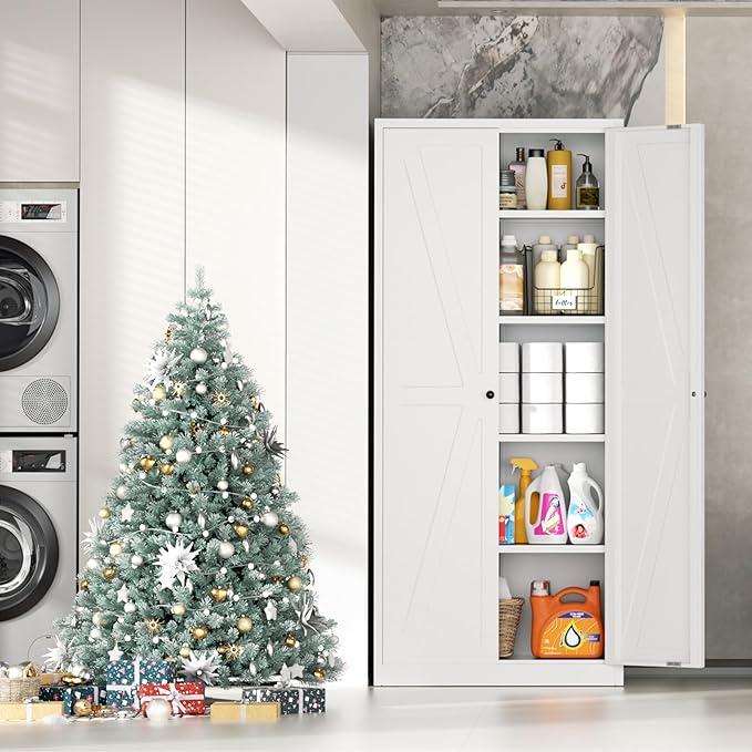 INTERGRAET 63" H Pantry Cabinet, Kitchen Pantry Storage Cabinets with 2 Doors and 4 Shelves, Metal Storage Cabinet,Cupboard for Home,Kitchen,Living Room/Dining, White