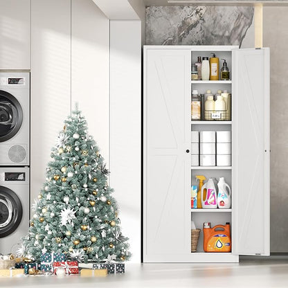 INTERGRAET 63" H Pantry Cabinet, Kitchen Pantry Storage Cabinets with 2 Doors and 4 Shelves, Metal Storage Cabinet,Cupboard for Home,Kitchen,Living Room/Dining, White