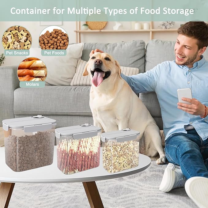 Dog Food Storage Container - Set of 3 Sizes Airtight Dog Treat Cat Food Containers - Small Plastic Pet Treat Holder for Cats, Dogs - Light Grey 3 Lbs + 2 Lbs + 1 Lbs Container Set