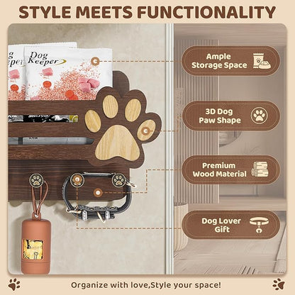 MTERSN Acacia Wood Dog Leash Holder for Wall - Fun Paw Key Holder Wall Mount with Floating Shelf and 6 Hooks- Retro Mail & Dog Accessories Organizer for Room Decor(Dark Acacia Wood)
