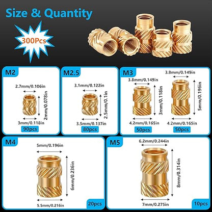 300+6Pcs M2 M2.5 M3 M4 M5 Premium Brass Threaded Inserts, Metric Brass Knurled Nuts Assortment Kit, with Heat Set Insert Tool, for Plastic and 3D Printing Components, All-in-one Solutions