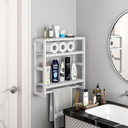 Over The Toilet Storage Bathroom Shelves Wall Mounted 3 Tier Space Saver Corner Shelf Organizer Bamboo Towel Rack Toilet Paper Cabinet with Hanging Rod White