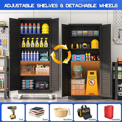 71” Metal Garage Storage Cabinet with Lock and Wheels, Metal Storage Cabinet with Louvered Door and 4 Adjustable Shelves, Rolling Tool Cabinet, Utility File Cabinet for Home Office -Black