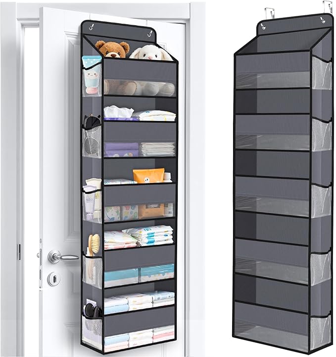 WISELIFE Over The Door Organizer Storage with 5 Large Pockets Door Hanging Organizer with Clear Windows behind The Door Storage for Nursery Bedroom Bathroom Pantry Closet and Baby Essentials Dark Grey