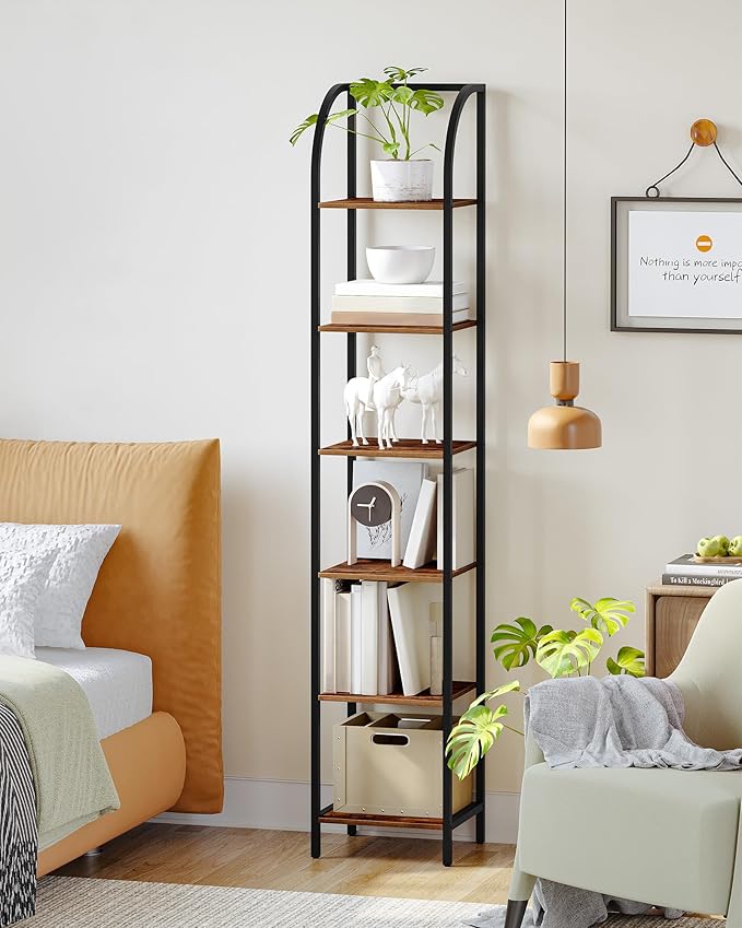 Bookshelf Narrow Bookcase, Tall Storage Rack with Steel Frame, Display Standing Shelf Unit, Skinny Book Shelf for Study Living Room Home Office, Industrial Style, 6-Tier Rustic Brown BC56001B