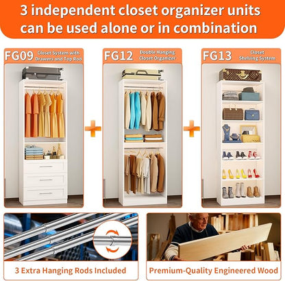 Closet System of 3 Sets, 6-15FT Closet Organizer System Wood with 3 Drawers & 7 Shelves, Walk in Closet Organizer Shelving System with 6 Hanging Rods, Modular Closet System Kits Adjustable, White