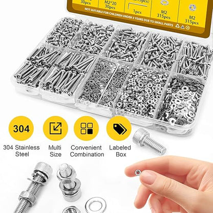 1260pcs M2 Screw Assortment kit, M2*4mm/6mm/8mm/10mm/12mm/16mm/20mm 304 Stainless Steel Hex Socket Head Cap Screw Bolts Nuts Flat & Lock Washer Set
