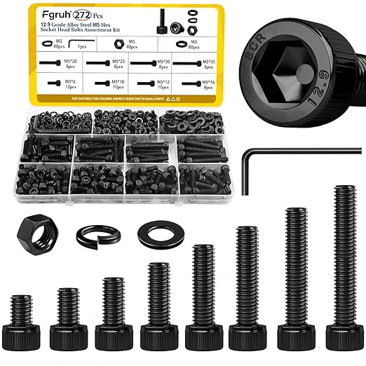 272PCS M5 Screws, Nuts and Washers Assortment kit, M5x8/10/12/16/20/25/30/35 mm Hex Socket Head Cap Bolts Assorted Set - 12.9 Alloy Steel, Black Zinc Plated Anti-Rust