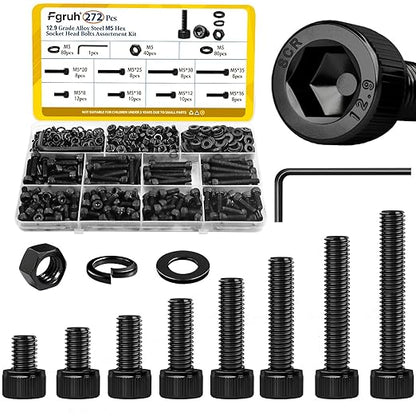 272PCS M5 Screws, Nuts and Washers Assortment kit, M5x8/10/12/16/20/25/30/35 mm Hex Socket Head Cap Bolts Assorted Set - 12.9 Alloy Steel, Black Zinc Plated Anti-Rust