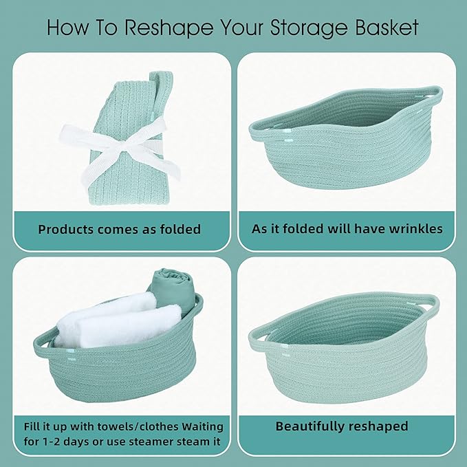 Small Woven Basket Cute Oval Cotton Rope Baby Gifts Baskets with Handle Empty Wicker Storage Baskets For Kids Cat Dog Toy Nursery Bin Easter Basket Light Green