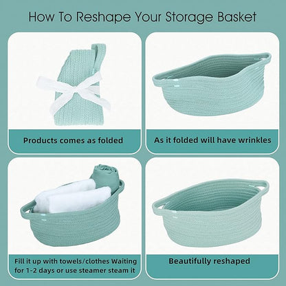 Small Woven Basket Cute Oval Cotton Rope Baby Gifts Baskets with Handle Empty Wicker Storage Baskets For Kids Cat Dog Toy Nursery Bin Easter Basket Light Green