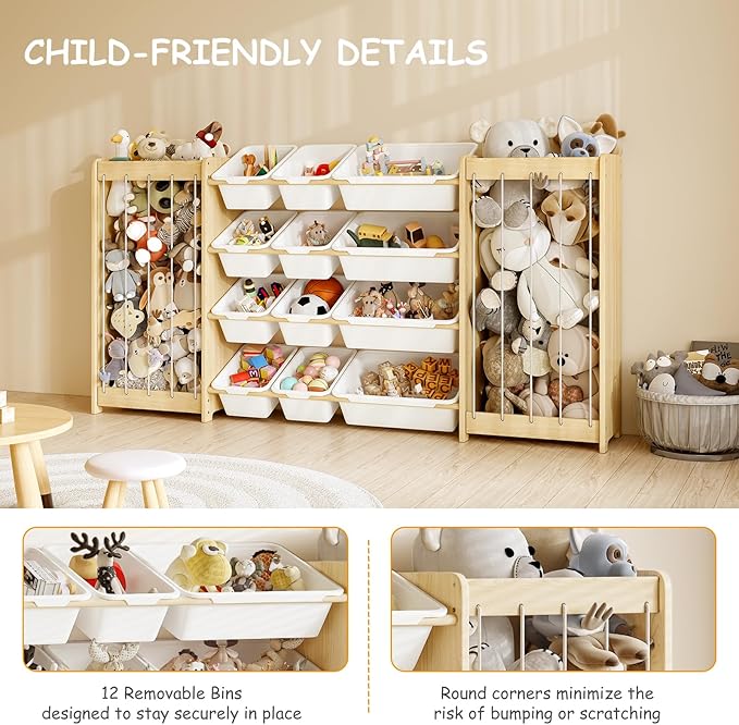 Large Toy Storage Organizer, Wooden Stuffed Animal Storage & 12-Bins Toy Organizer, Double-Sided Plush Toy Holder Featuring Thicker Ropes, Space Save Playroom Nursery Bedroom Storage, White