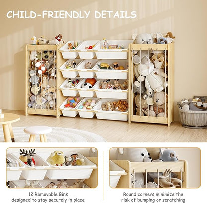 Large Toy Storage Organizer, Wooden Stuffed Animal Storage & 12-Bins Toy Organizer, Double-Sided Plush Toy Holder Featuring Thicker Ropes, Space Save Playroom Nursery Bedroom Storage, White