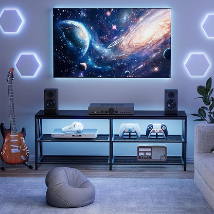 55 inch TV Stand with 3-Tier Open Shelf, Entertainment Center with Power Outlets & 8-Color LED Lights, TV Console Table for Living Room, Bedroom (Black)