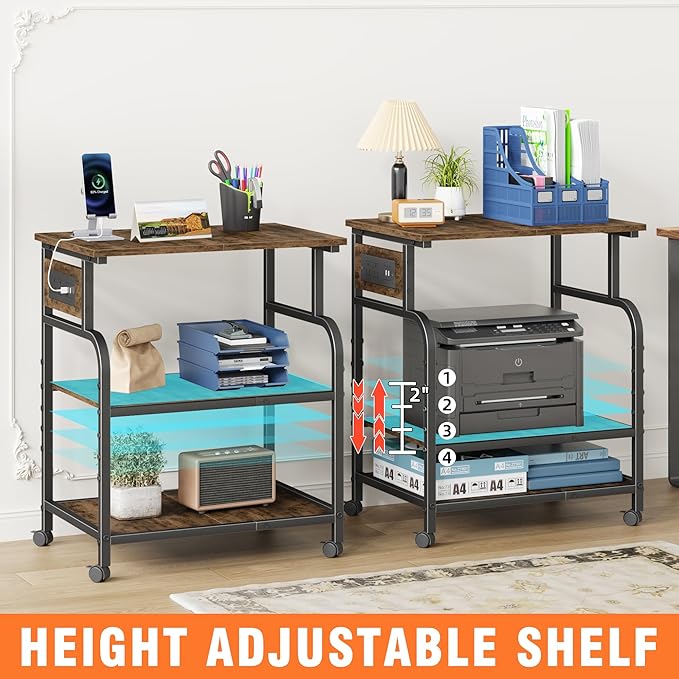 YAOHUOO 3 Tier Large Printer Stand with Power Outlet/Adjustable Storage Shelf, Rolling Cart with Wheels, Printer Table for Home Office 3D Printer/Heat Press/Laster, 22"×15" Rustic Brown