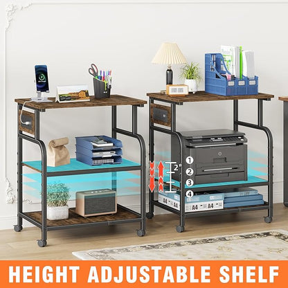 YAOHUOO 3 Tier Large Printer Stand with Power Outlet/Adjustable Storage Shelf, Rolling Cart with Wheels, Printer Table for Home Office 3D Printer/Heat Press/Laster, 22"×15" Rustic Brown