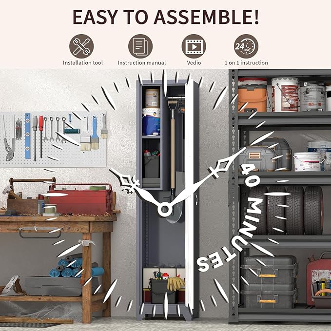 65" H Slim Broom Closet Storage Cabinets, Utility Cabinet for Brooms and Mops, Steel Cleaning Tool Cabinet with Hanging Rod & S-Hooks for Bathroom, Garage