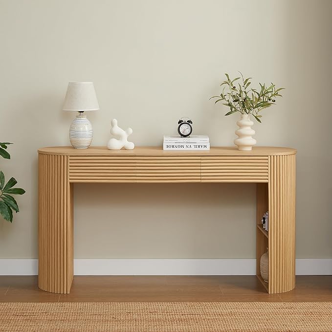 Retro Console Table with Storage, Rounded Console Table with 3 Drawers and 1 Table-Leg Niche, Round Slat Aesthetic for Entryway, Living Room, Hallway (Nature-X306)
