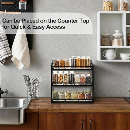 3 Tier Bamboo Spice Rack,Seasoning Jars Rack Shelf Spice Organizer for Kitchen Counter or Wall Mounting (Black)