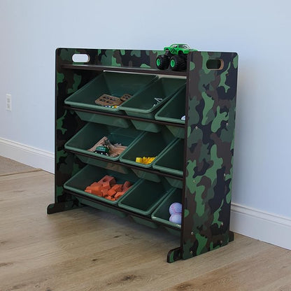 Humble Crew Toy Storage Organizer with Top Shelf and 9 Removable Bins, Camo/Army Green – Toddler Bookshelf with Toy Organizer - Modern Toy Rack Ideal for Kids' Rooms, Playrooms, and Nurseries
