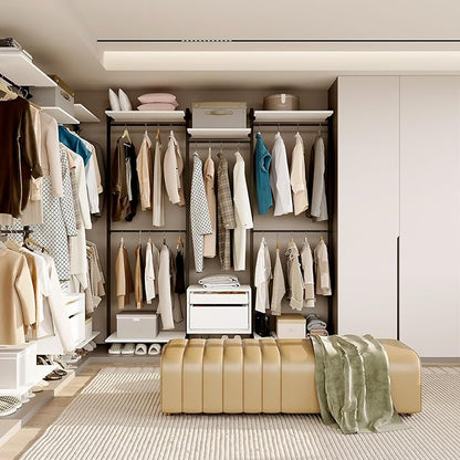 Wall-Mounted Steel & Wood Closet Organizer System with 4 Adjustable Shelves, 5 Hanging Rods, and 2 Drawers – Modern Open Wardrobe, White