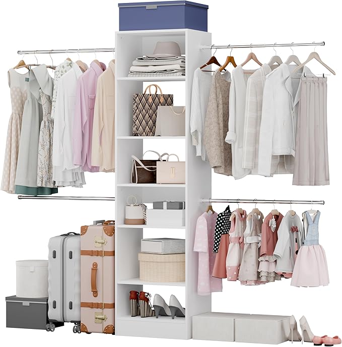 Closet System, Closet Organizer System With Adjustable Shelves, Walk-In Closet Storage System With 5 Hanging Rods, Adjustable Cloth Garment Rack, Fits Spaces 4 to 9FT, White