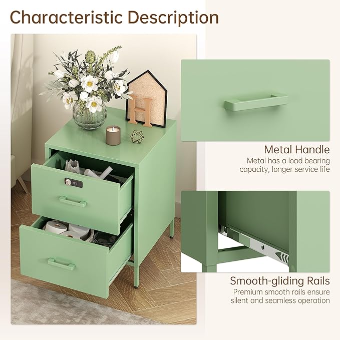2 Drawer End Side Table with Lock Metal Nightstand, Lockable Storage Cabinet Kids Cabinet for Living Room, Bedroom, Dorm, 21.26”H X 15.75”W X 15.75”D (2 Drawer, Green)