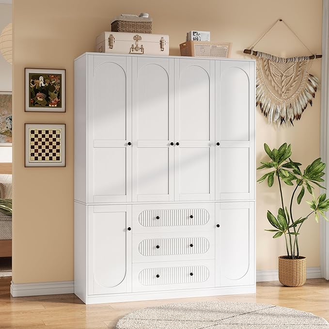 4 Doors Freestanding Armoire Wardrobe Closet, 72" White Wardrobe Armoire Wooden Closet Large Capacity Storage with 3 Drawers & 3 Hanging Rod Shelves Clothes Organizer