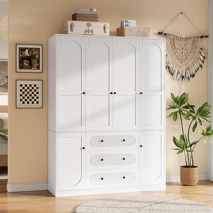 4 Doors Freestanding Armoire Wardrobe Closet, 72" White Wardrobe Armoire Wooden Closet Large Capacity Storage with 3 Drawers & 3 Hanging Rod Shelves Clothes Organizer