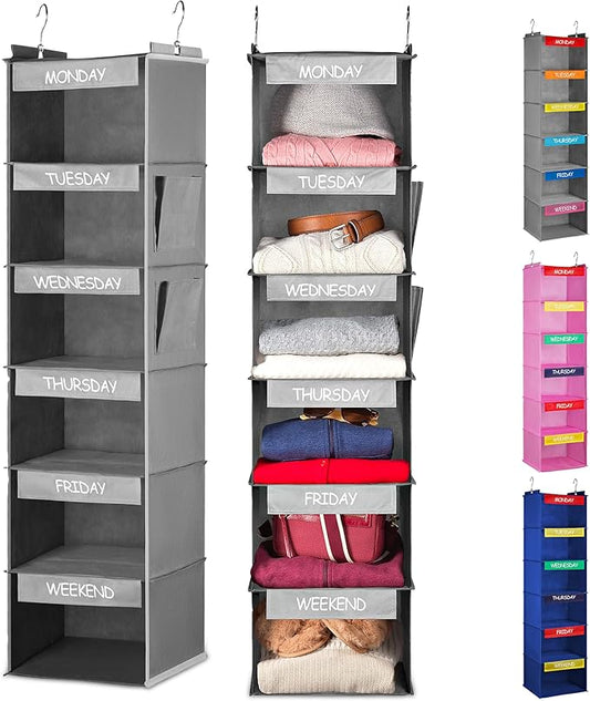 Handy Laundry Hanging Clothes Organizer for Kids - 6-Shelf Closet Daily Clothing Organization Labeled Shelves with Days of The Week Monday Through Friday, Weekday and Weekend (Grey)