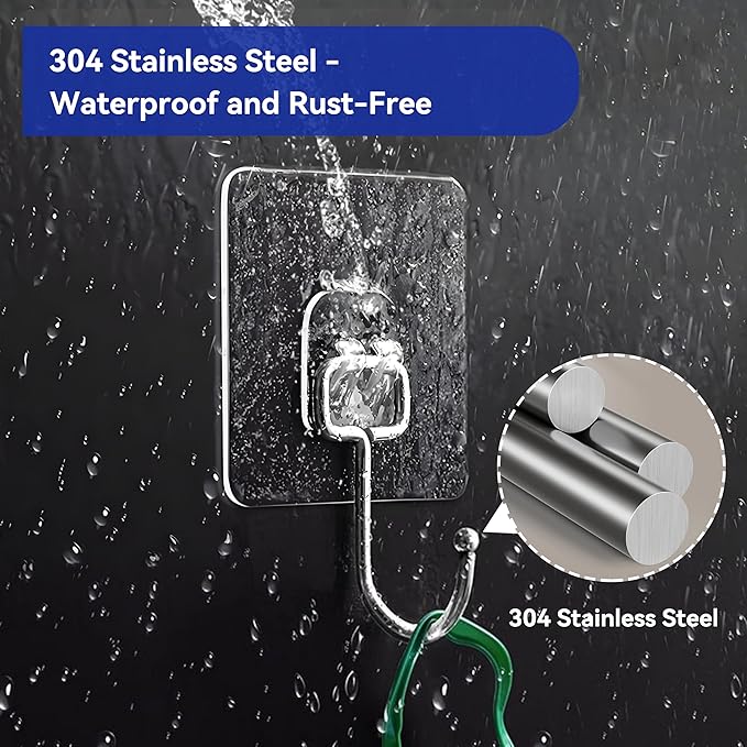 20 Pack Large Sticky Hooks for Hanging Heavy Duty, Wall Hooks Adhesive, Clear self Adhesive Hooks for Wall, Kitchen, Bathroom, Shower & Ceiling