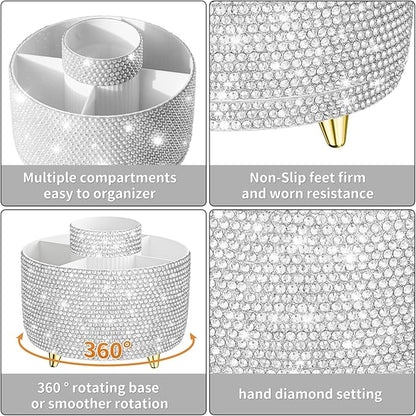 Bling 360° Rotate Makeup Brush Holder Organizer, Makeup Organizers Countertop, Makeup organization and Skincare Storage for Vanity, Gift for Women Girls (Bling dz-White)