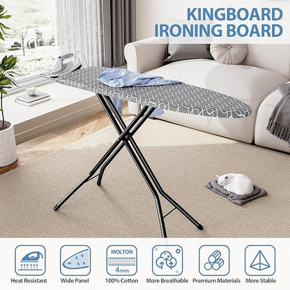KINGBOARD Foldable Ironing Board Full Size, Iron and Ironing Board Set Standard Size, Iron Boards with Ironrest & Adjustable Height,Heavy Duty Iron Table Stand with Metal Legs &Thick Cover,43x13 Gray
