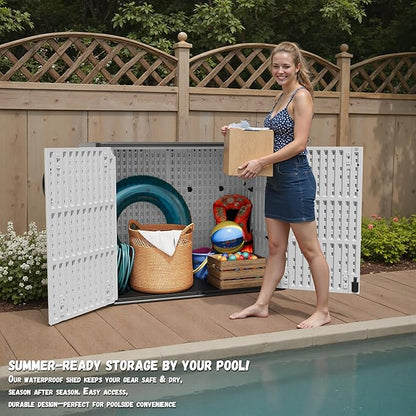 Patiowell 25 Cu.ft Outdoor Storage Cabinet with Lockable Door, Waterproof Horizontal Storage Shed for Tools and Patio Furniture, All-Weather Resin Shed Easy Assemble for Pool or Backyards, White