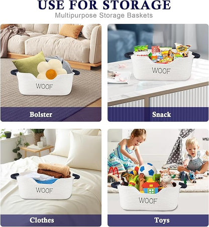 2 Pack Dog Toy Baskets,Pet Rope Basket for Dog Cat Toys,Dog Toy Bin with Handles,Woof Puppy Toy Storage Basket,Puppy Bed,Dog Stuff Organizer for Toys,Collar,Leash,Nursing Supplies-Beige+Gray