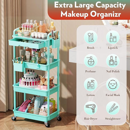 Makeup Cart Organizer with Drawers, 4 Tier Floor Skincare Organizers for Vanity, Rolling Makeup Bathroom Storage Cart Cosmetics Display Cases for Skin Care Perfume Nail Polish, Blue