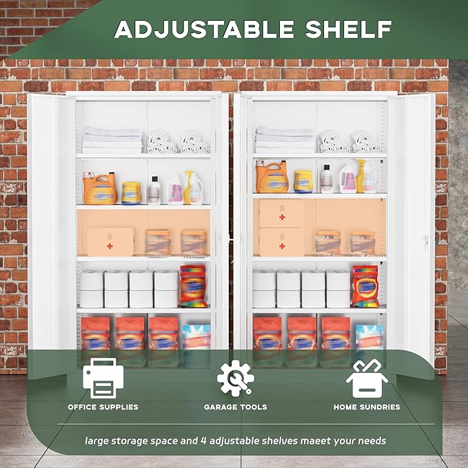 Greenvelly Metal Garage Storage Cabinet with Doors and Adjustable Shelves,72" Steel Lockable File Cabinet for Home Office,Garage,School(White,36" W x 18" D)