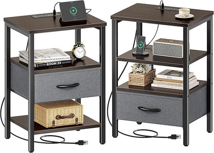 SUPERJARE Nightstand Set of 2, Bed Side Tables with Charging Station, Adjustable Fabric Drawer, Night Stand for Bedroom, 3-Tier Storage End Tables, Walnut, 8694NC