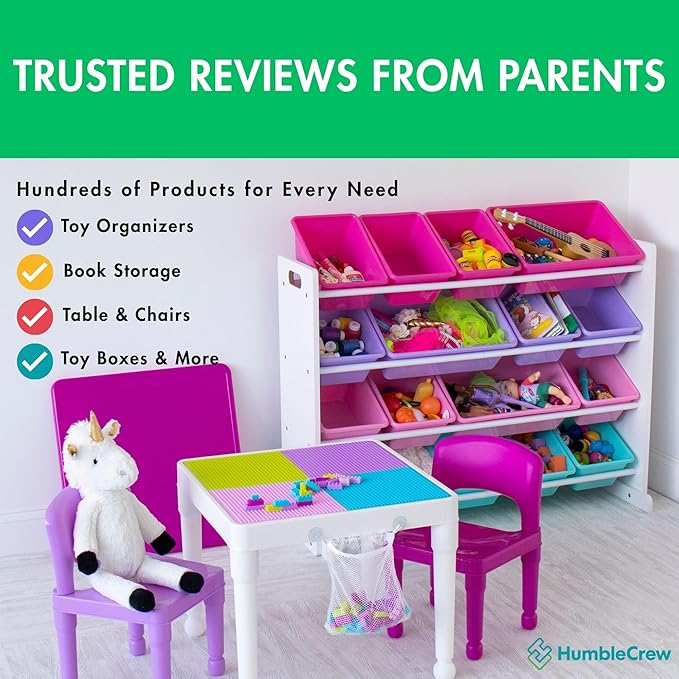 Humble Crew Crafts and Toy Storage Organizer with Top Shelf and 9 Removable Bins, White/Pink/Purple/Aqua Toddler Bookshelf with Organizer - Modern Rack Ideal for Kids' Rooms, Playrooms, and Nurseries