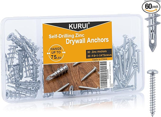 KURUI #8 Zinc Self-Drilling Drywall Anchors, 60PCs Hollow Metal Wall Anchors and Screws Kit, 30 Heavy Duty Anchors + 30#8 x 1-1/4'' Screws, 75LB Hanging and Mounting