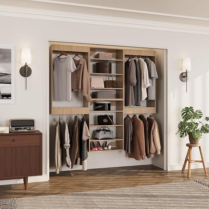 ROOMTEC Modular Closet System, 60" Wall-Mounted Closet Organizer with Hanging Rods and Shelves, Wooden Tower for Walk-In Closets, Wardrobe Storage Kit, Wood