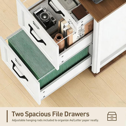 3 Drawer File Cabinet with Lock, Wooden Farmhouse Filing Cabinet with Storage Fits Letter and A4 Size, Vertical Printer Stand for Home Office, Walnut and White