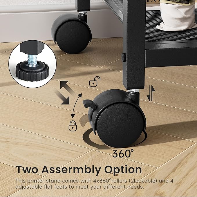Printer Stand with Charging Station, 4-Tier Printer Stand with Storage, Large Tall Printer Table with Wheels for Home Office, Kitchen, Living Room, PrinterCart Beside Desk for Printer, Scanner Black