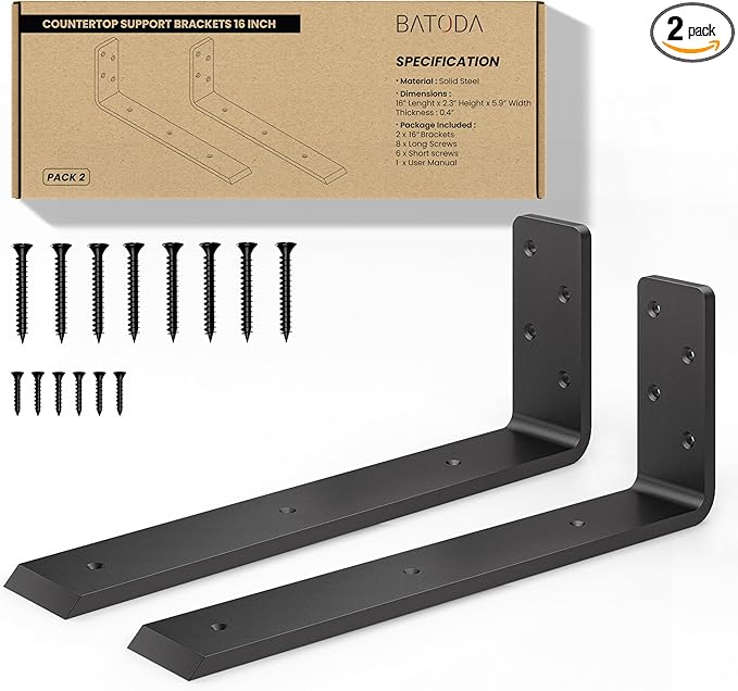 BATODA 16” Countertop Support Steel Brackets (2 pcs) for Large Granite - Heavy Duty L Floating Shelf Bracket - Black Metal Wall Mounted Support for Wood Shelving – Mounting Hardware Included